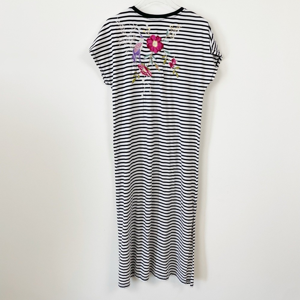 Johnny Was Osaka Dress Floral Embroidery Stripe Black & White Small NWOT Midi - Picture 3 of 11